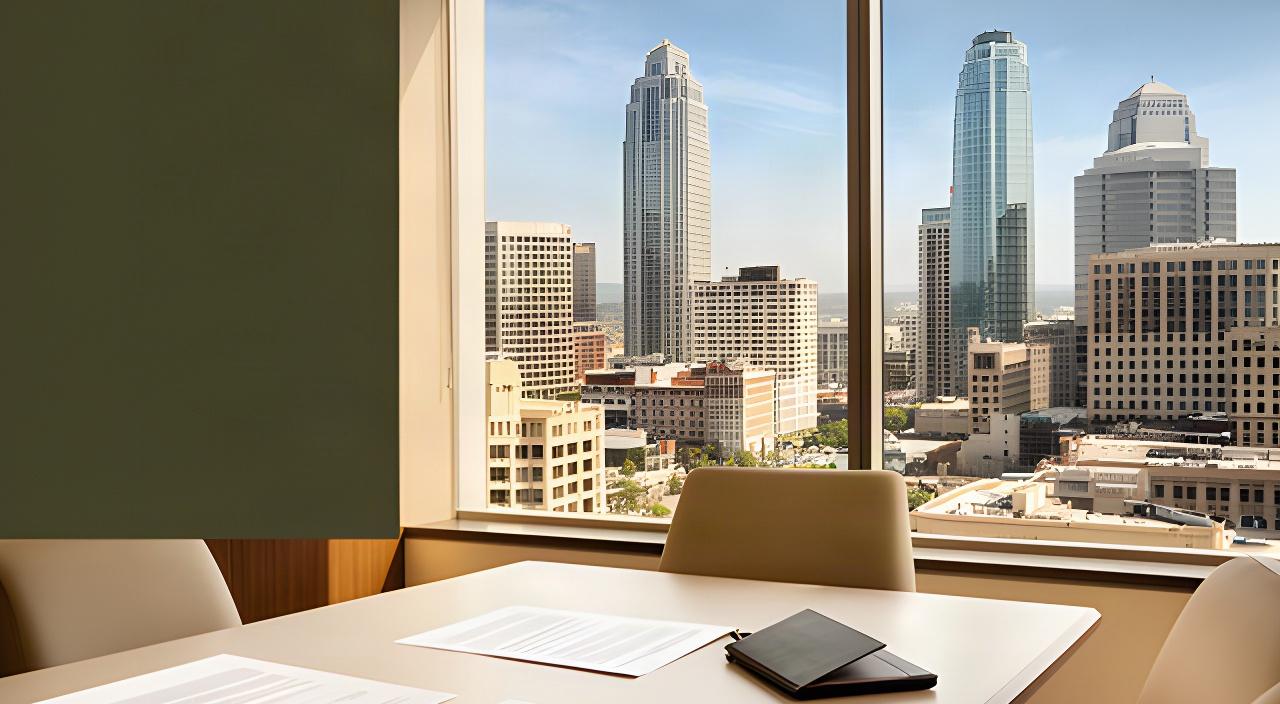 Nashville business district viewed from a modern office meeting room with legal documents on the table
