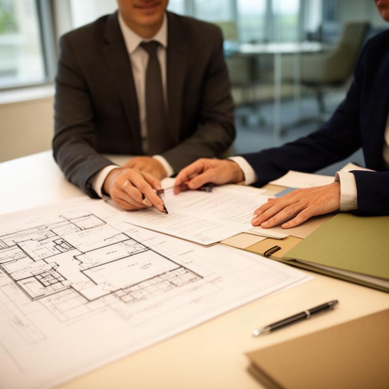 Lawyer reviewing a commercial lease at a conference table beside architectural plans for a Nashville office property
